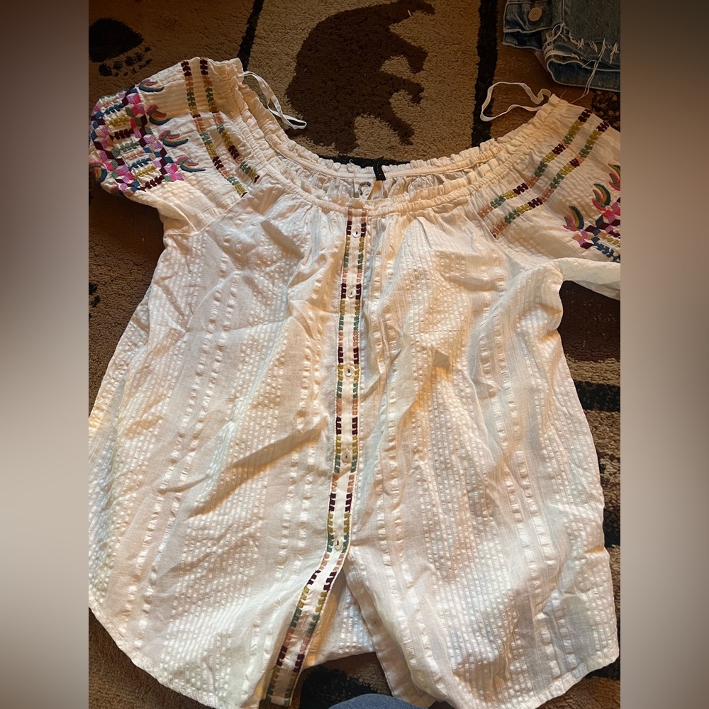 White Anthropologie  Peasant Blouse with Colorful Embroidery